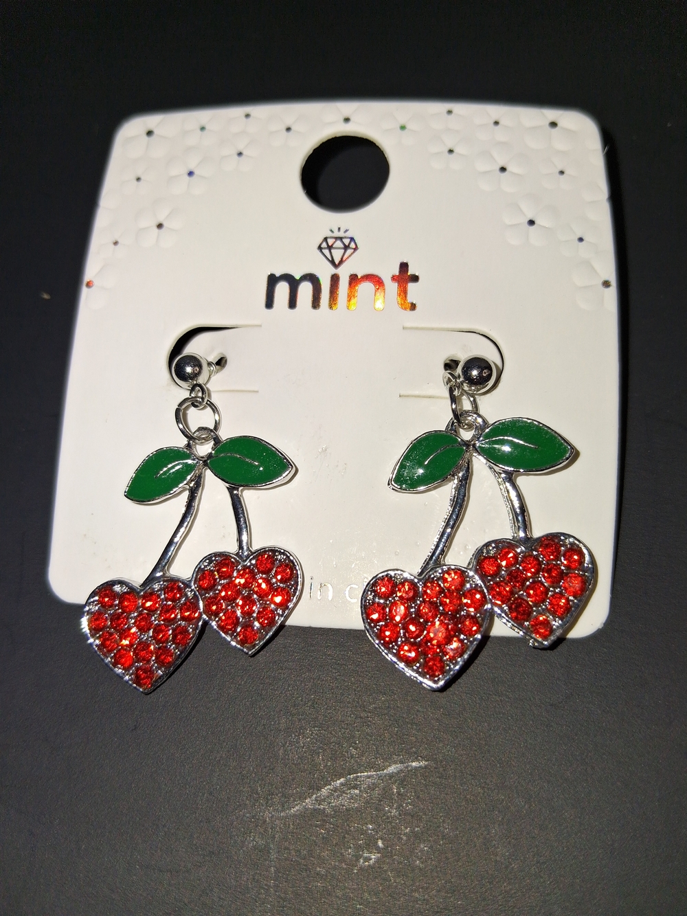 mint Red Crystal Cherry Dangle Earrings